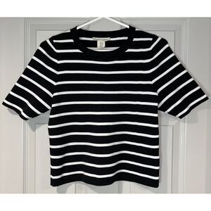 Happily Grey Black and White‎ Striped Top Junior Size XL Fitted Short Sleeve Y2K